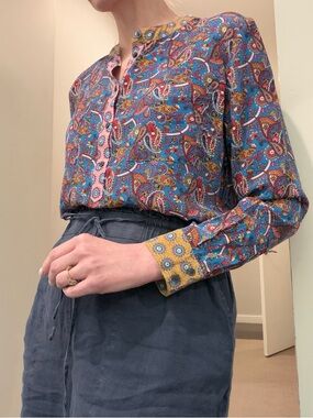 Boden silk Paisley Button-Front Blouse in Blue with Pink & Yellow Accents